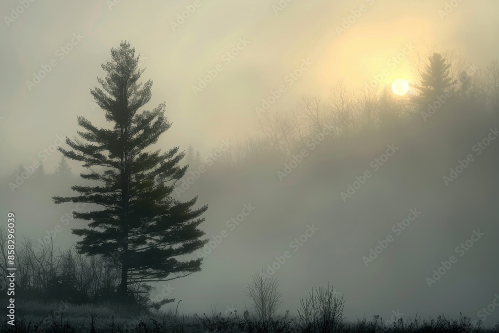 Foggy Morning in Vermont: Misty Forest Landscape with Sunrise Glow Foggy Morning in Vermont: Misty Forest Landscape with Sunrise Glow
