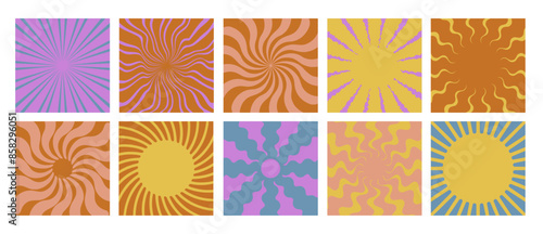 Set of retro sunburst. Wavy rays. Radial sun rays in warm beige, yellow, pink colors. Design for logo, branding, print, backdrop, background. Vector illustration