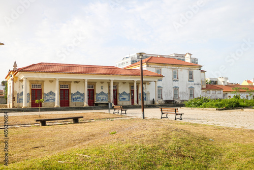 Estação comboio de Sines. Vista do edifício histórico da estação ferroviária com os famosos azulejos nas paredes de Sines, Portugal. photo