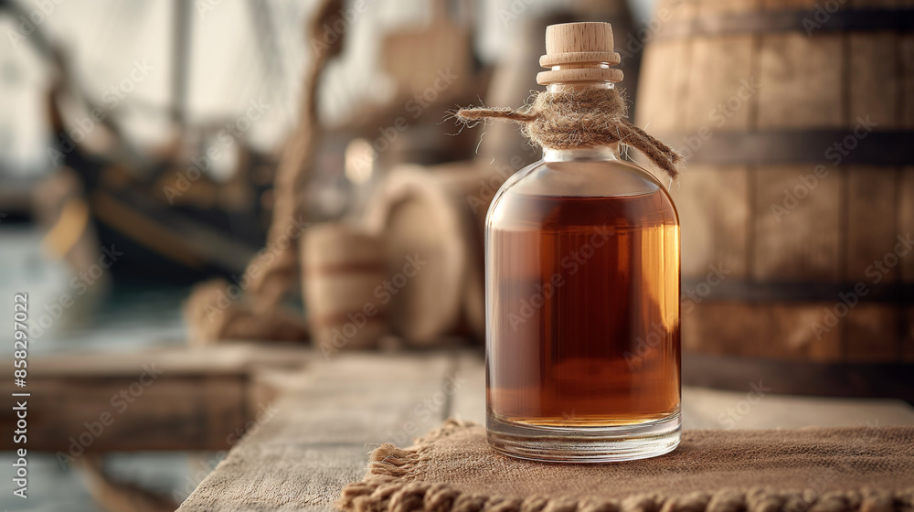 Rum bottle | wrapped in rope | placed on rustic wooden surface | blurred pirate ship | barrels in background | nautical theme | warm, vintage aesthetic | rugged ambiance | product mockup Rum bottle | wrapped in rope | placed on rustic wooden surface | blurred pirate ship | barrels in background | nautical theme | warm, vintage aesthetic | rugged ambiance | product mockup