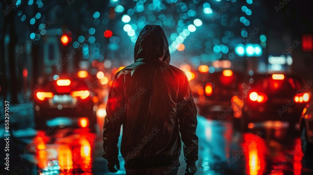 A solitary figure in a jacket walks down a wet street, illuminated by the ambient glow of city lights and taillights of cars, creating a moody, atmospheric nighttime urban scene. A solitary figure in a jacket walks down a wet street, illuminated by the ambient glow of city lights and taillights of cars, creating a moody, atmospheric nighttime urban scene.