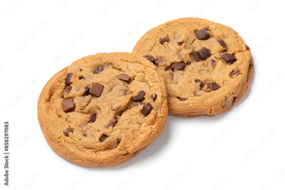 Pair of homemade sweet American chocolate chip cookies isolated on white background close up Pair of homemade sweet American chocolate chip cookies isolated on white background close up