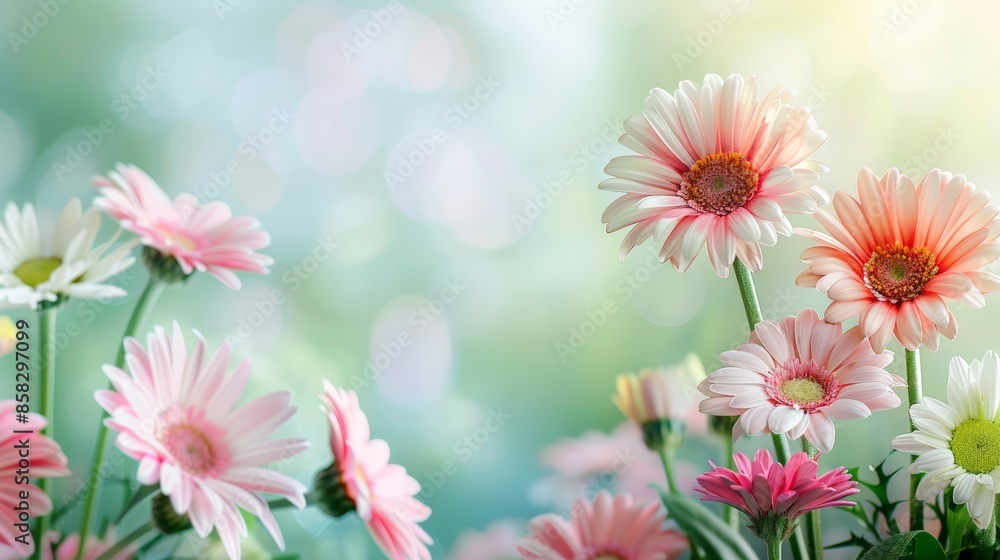 Blooming colorful daisies bask in soft sunlight against a bokeh background Blooming colorful daisies bask in soft sunlight against a bokeh background