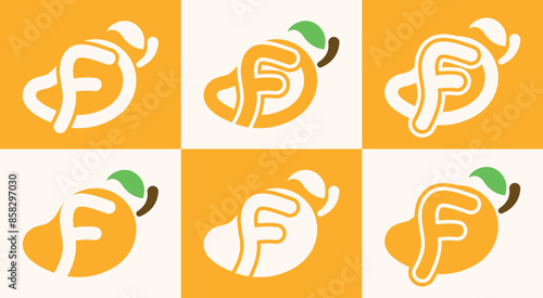 Set of letter F mango logo. This logo combines letters and a mango fruit. Perfect for fruit shops, juice store, farms, and the like.