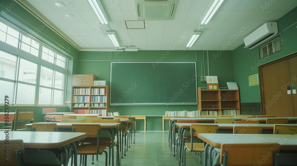 Empty green classroom with wooden desks and large windows, illuminated by bright natural light, showcasing a modern educational environment Empty green classroom with wooden desks and large windows, illuminated by bright natural light, showcasing a modern educational environment
