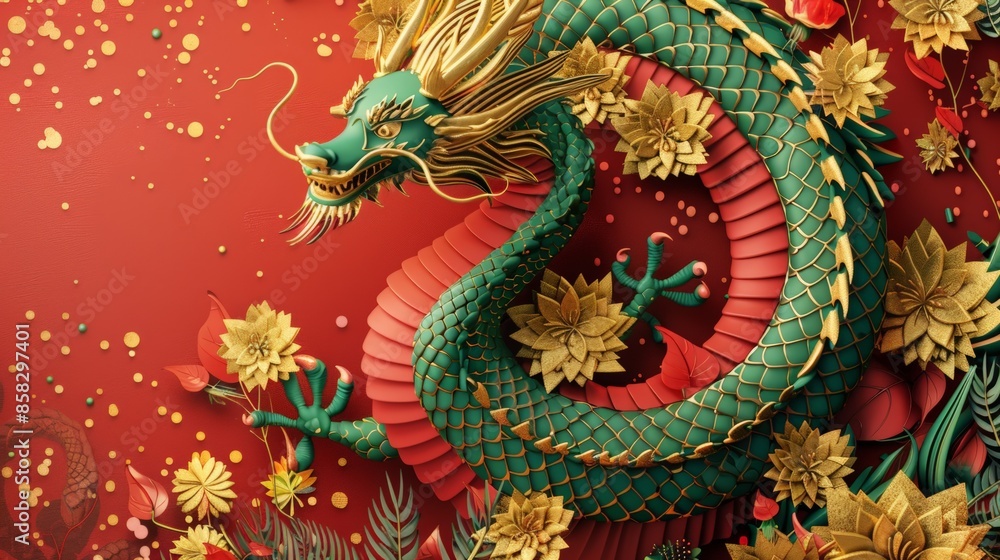 custom made wallpaper toronto digitalA vibrant illustration of a green and gold Chinese dragon amidst floral patterns on a red background