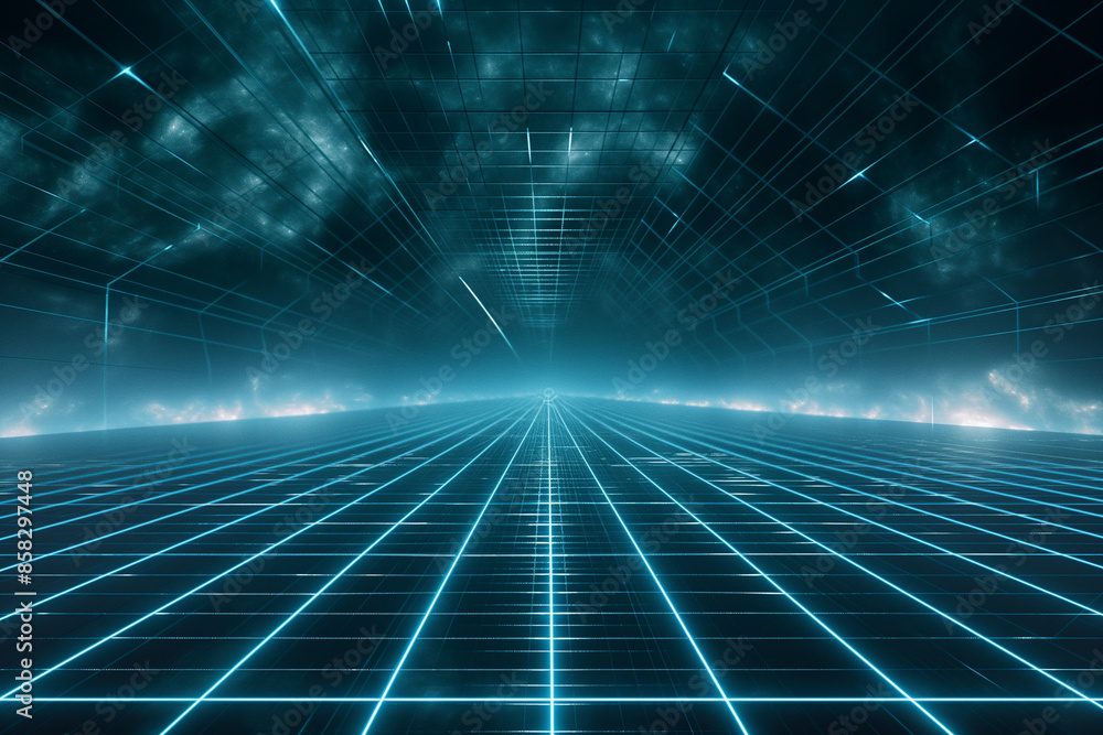 Line grid runway disappears in the distance blue technology background picture Line grid runway disappears in the distance blue technology background picture