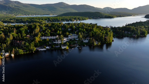 Aerial view of Mirror Lake with Lake Placid behind, Lake Placid, New York