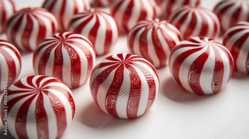 Many red and white striped round candies arranged closely together on a white surface, creating an appealing festive and vibrant display perfect for holiday seasons. Many red and white striped round candies arranged closely together on a white surface, creating an appealing festive and vibrant display perfect for holiday seasons.