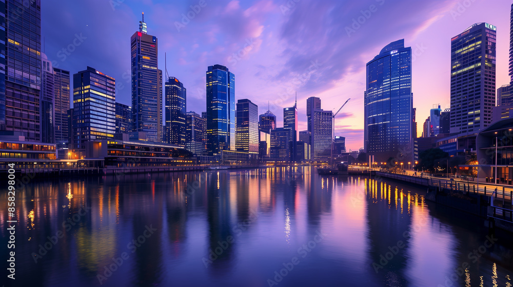 Naklejka premium A bustling modern city skyline at twilight, with skyscrapers reflecting in the calm river below