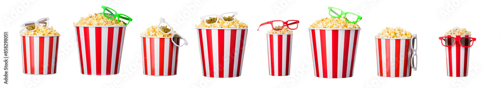 Paper striped bucket with popcorn and 3D glasses isolated on white background Paper striped bucket with popcorn and 3D glasses isolated on white background