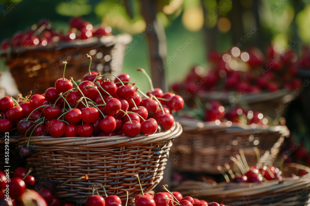 Baskets full of fresh cherries were stacked in front of the orchard in the morning Baskets full of fresh cherries were stacked in front of the orchard in the morning
