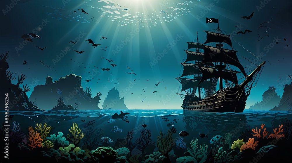 Vector background of an ocean underwater landscape with a sunken ...