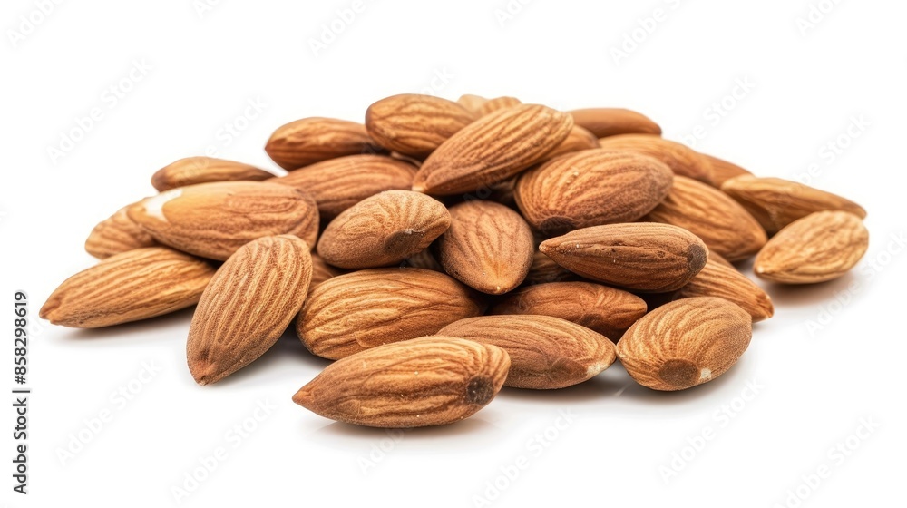 Close up isolated organic dried almonds on white background with copy space Close up isolated organic dried almonds on white background with copy space