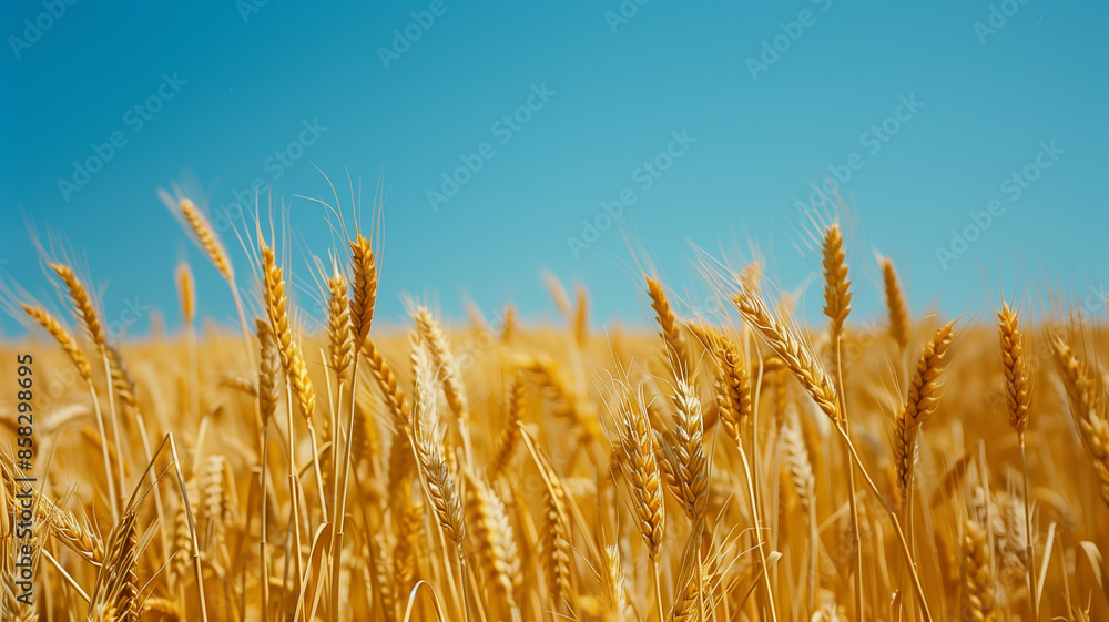 Fototapeta premium A golden wheat field under a deep blue sky, with the stalks swaying gently in the breeze