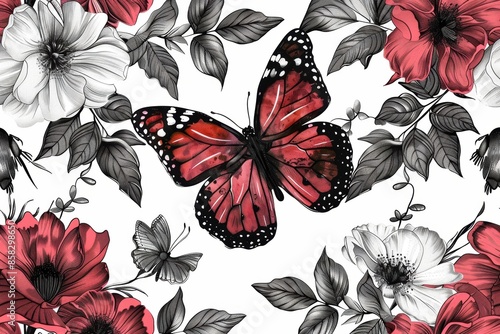 Red Butterfly and Flowers, Monochrome and color contrast, Botanical Elegance, Vibrant Red Butterfly, Black and white floral background, Nature's Harmony