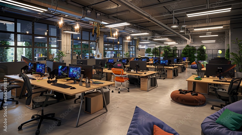 tech startup open-space office with ergonomic workstations, collaborative areas, and a lounge zone with gaming consoles and bean bags tech startup open-space office with ergonomic workstations, collaborative areas, and a lounge zone with gaming consoles and bean bags