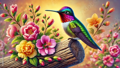 An image of a Ruby-throated hummingbird perched on a log