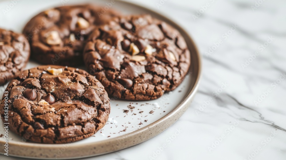 Indulgent Double Chocolate Ginger Cookies Arranged on Plate Close-up Indulgent Double Chocolate Ginger Cookies Arranged on Plate Close-up