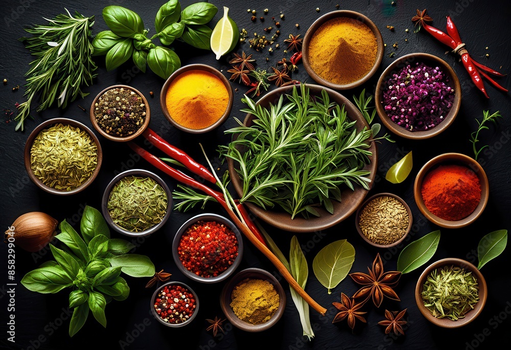 fresh herbs spices scattered dark surface, parsley, basil, rosemary, thyme, cilantro, mint, pepper, clove, cinnamon, dill, oregano, sage, garlic fresh herbs spices scattered dark surface, parsley, basil, rosemary, thyme, cilantro, mint, pepper, clove, cinnamon, dill, oregano, sage, garlic
