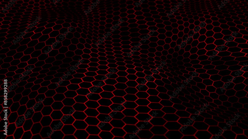 Illuminated red honeycomb field with glowing hexagon grid pattern floating on a dark background. Digital technology animation for computer science, programming and cyber space visualization. 4k 60 fps