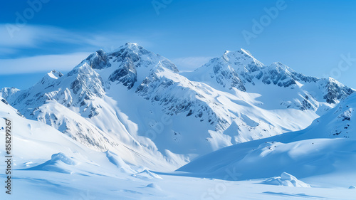 A majestic mountain range blanketed in fresh snow, under a clear, crisp blue sky