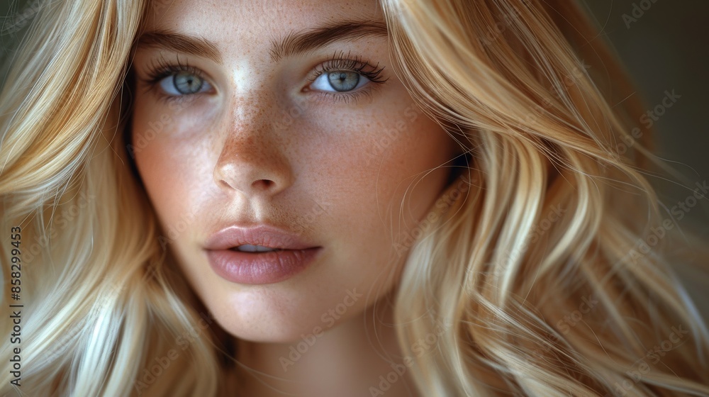 A blonde woman with wavy hair, delicate freckles, and striking light blue eyes gazes warmly at the camera, her expression calm and inviting in this close-up portrait. A blonde woman with wavy hair, delicate freckles, and striking light blue eyes gazes warmly at the camera, her expression calm and inviting in this close-up portrait.