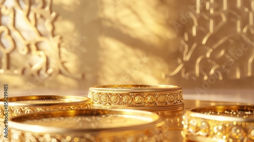A close-up image of several golden rings adorned with intricate details, illuminated by soft light. The composition highlights the luxurious and elegant quality of the jewelry. photo