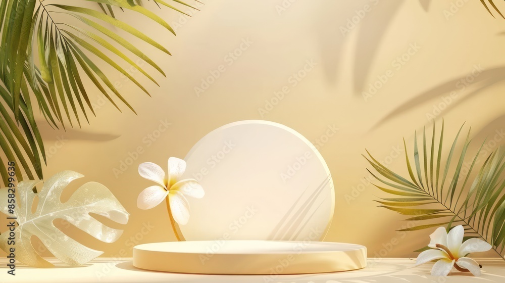 tropical scene with a round pedestal and a white flower, surrounded by lush green leaves under soft sunlight, perfect for a natural and calming aesthetic. tropical scene with a round pedestal and a white flower, surrounded by lush green leaves under soft sunlight, perfect for a natural and calming aesthetic.