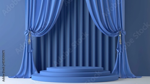 elegant stage setup with blue curtains tied to the side, revealing steps leading to the stage, all in a sophisticated monochromatic blue theme.