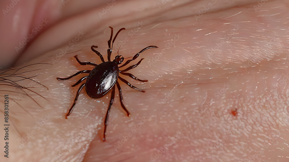 Close-up of an isolated hairy tick on human skin. Close-up of an isolated hairy tick on human skin.
