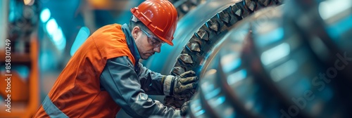 a mechanical engineer works on a huge metal machine photo