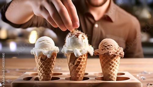 Man Scooping Ice Cream From Three Cones