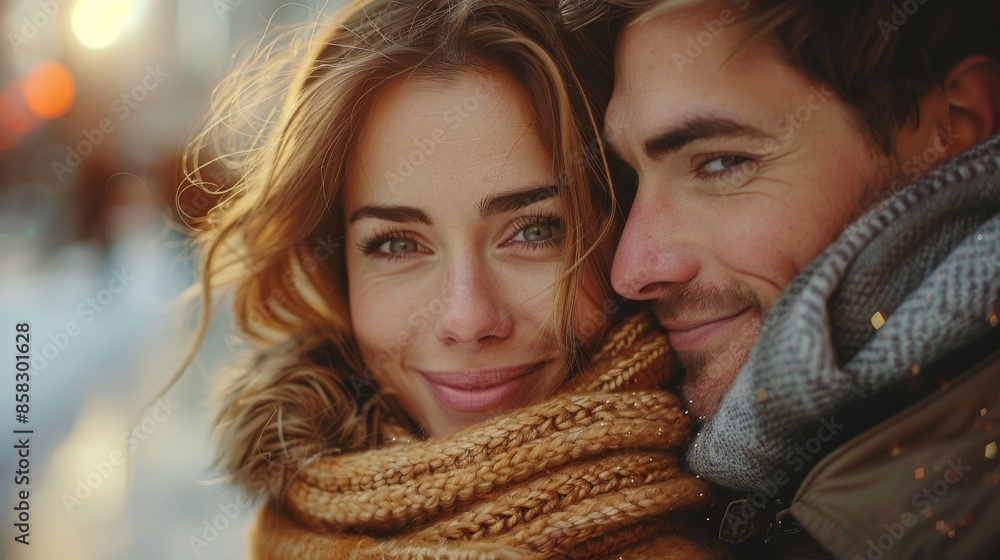 A warm, close-up image of a couple standing closely together on a chilly day. Both individuals are dressed in cozy winter apparel, smiling contentedly at the camera.