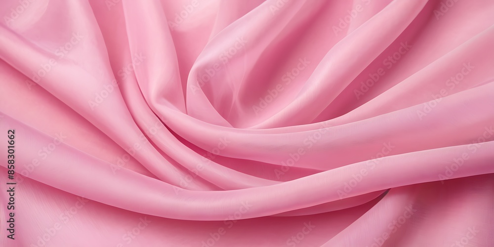 Obraz premium Delicate pink organza chiffon fabric background with swirl creased texture. Sewing fashion clothes making wedding women's apparel concept 