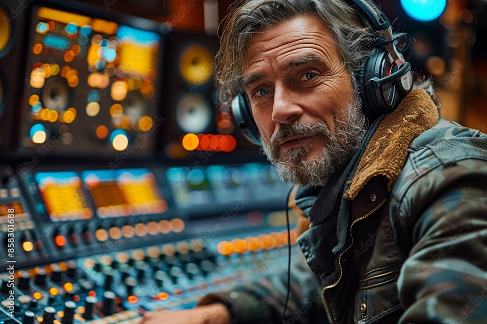 Mature Male Audio Engineer Working at a Sound Mixing Console in a Studio Mature Male Audio Engineer Working at a Sound Mixing Console in a Studio