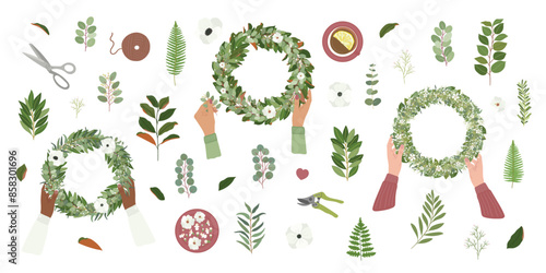 Set of female hands making wedding wreaths with DIY tools for floristic workshop. Magnolia, eucalyptus, bay, salal leaves, anemone, gypsophila flowers. Hand drawn vector illustration