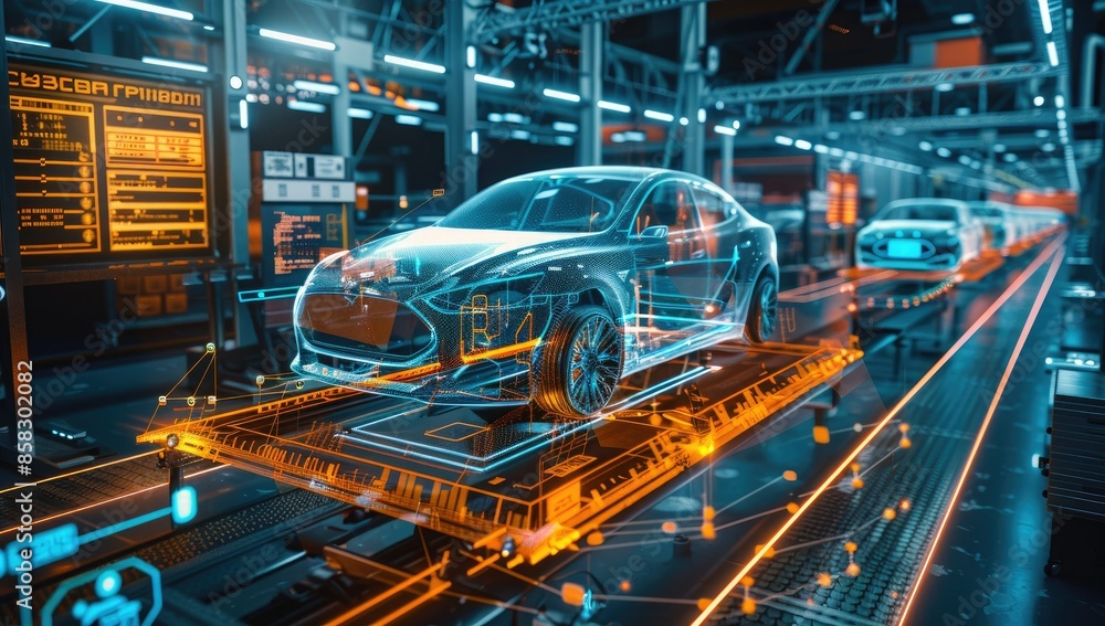Obraz premium Futuristic Car Assembly Line with Holographic Imaging