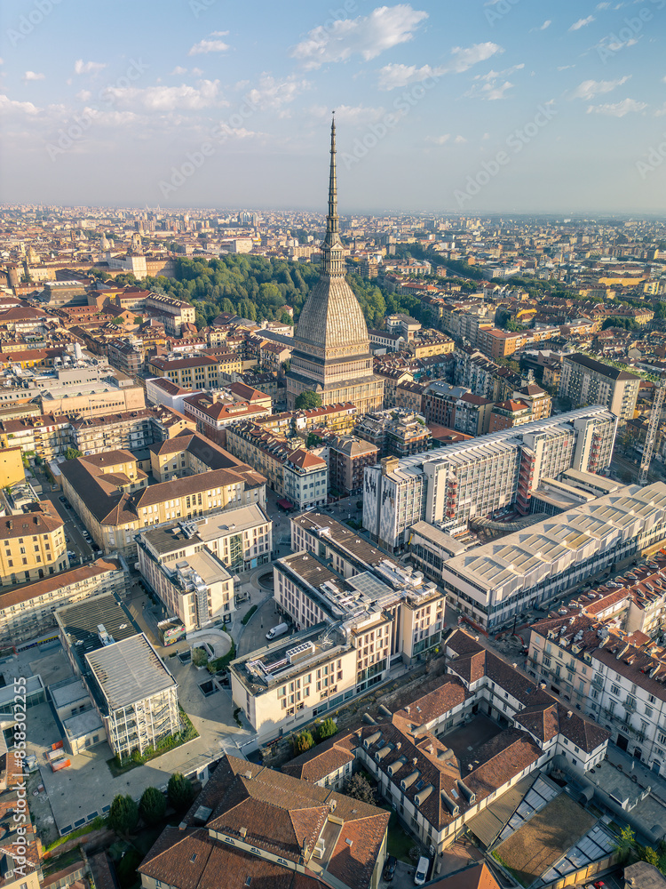Obraz premium The drone aerial view of Turin city centre with Mole Antonelliana at sunrise, Piedmont region of Italy.