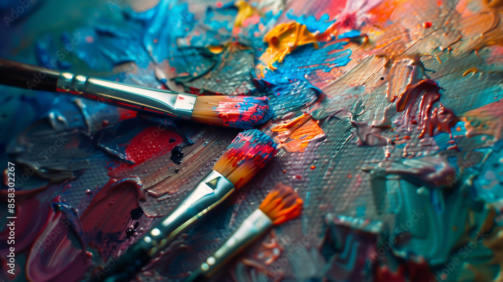 Fototapeta premium An artist's palette with vibrant paint splashes and brushes