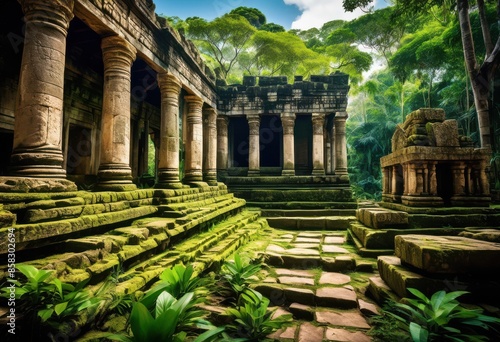majestic ancient ruins amidst lush dense jungle canopy, historical, archaeological, site, overgrown, vegetation, mysterious, abandoned, temple, aged, stone,