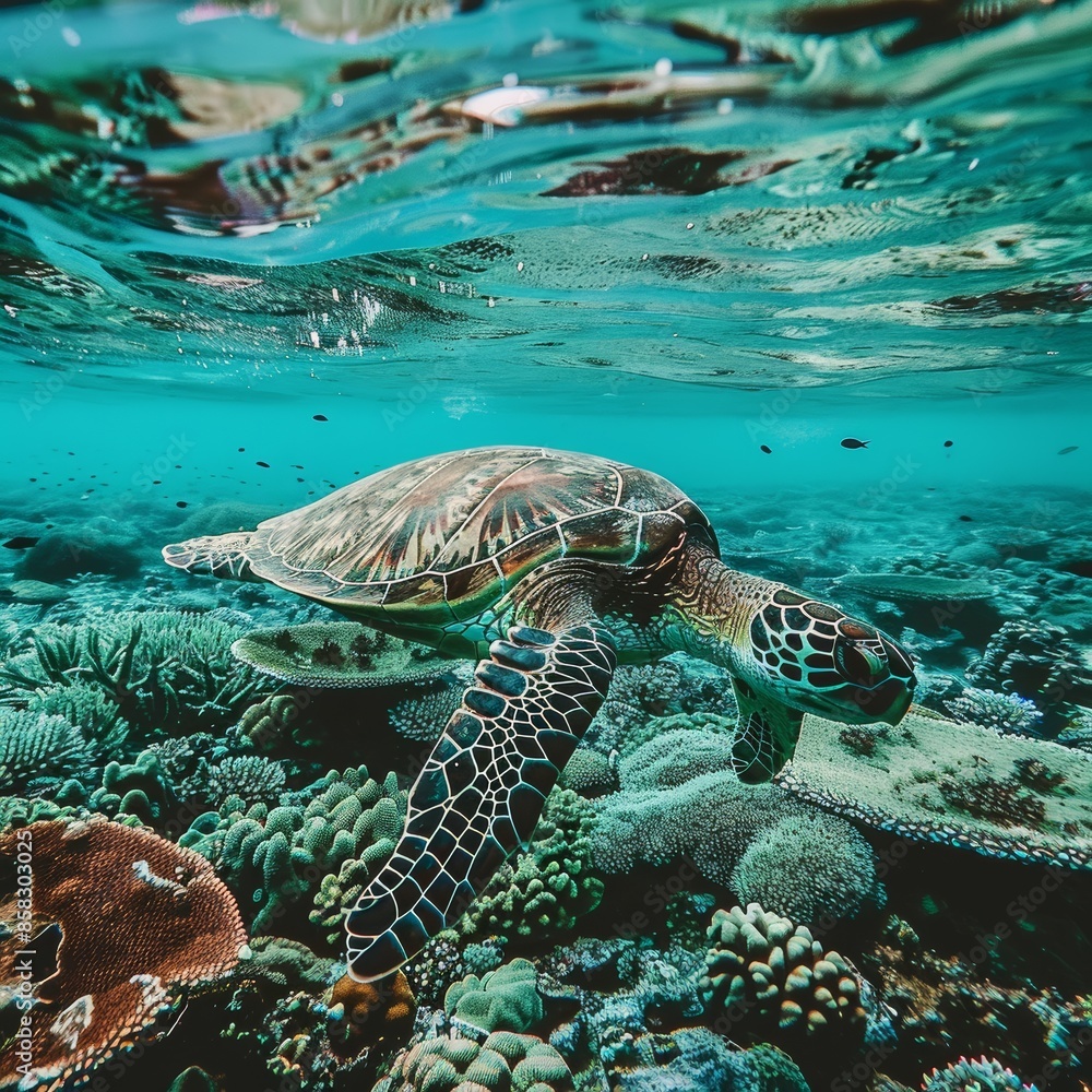 Fototapeta premium A sea turtle swimming over a coral reef. Underwater photography of a sea turtle.