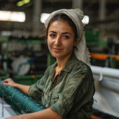 Portrait of a woman at a textile factory near a fabric-making machine.