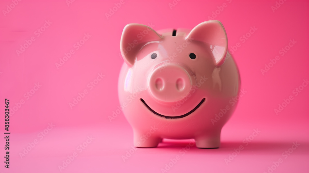 Smiling Piggy Bank on a plain colored background. Happy money. Created with Generative AI technology. Smiling Piggy Bank on a plain colored background. Happy money. Created with Generative AI technology.