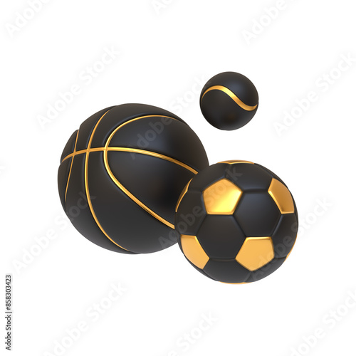 Three black and gold sports balls, including a basketball, soccer ball, and tennis ball, representing elegance in sports. 3D render illustration
