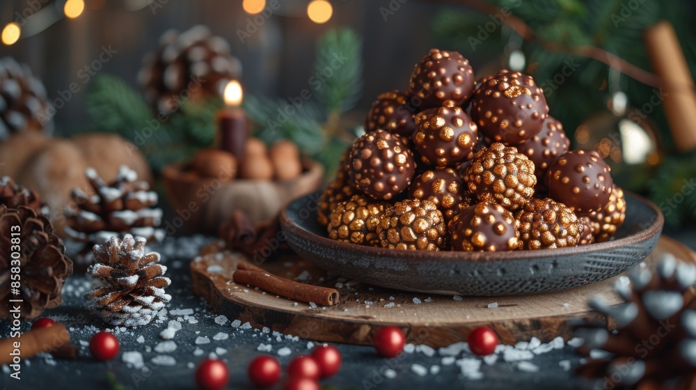 Chocolate balls in a bowl on a table, Food background, Christmas holiday Chocolate balls in a bowl on a table, Food background, Christmas holiday