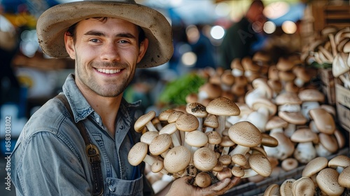A young farmer looks cheerful as he presents an assortment of mushrooms at a local market, reflecting the joys and rewards of sustainable farming and fresh produce.
