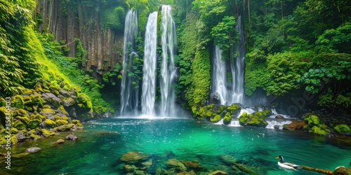Tropical Rainforest. Jungle Waterfall Cascade with Rock and Turquoise Pool