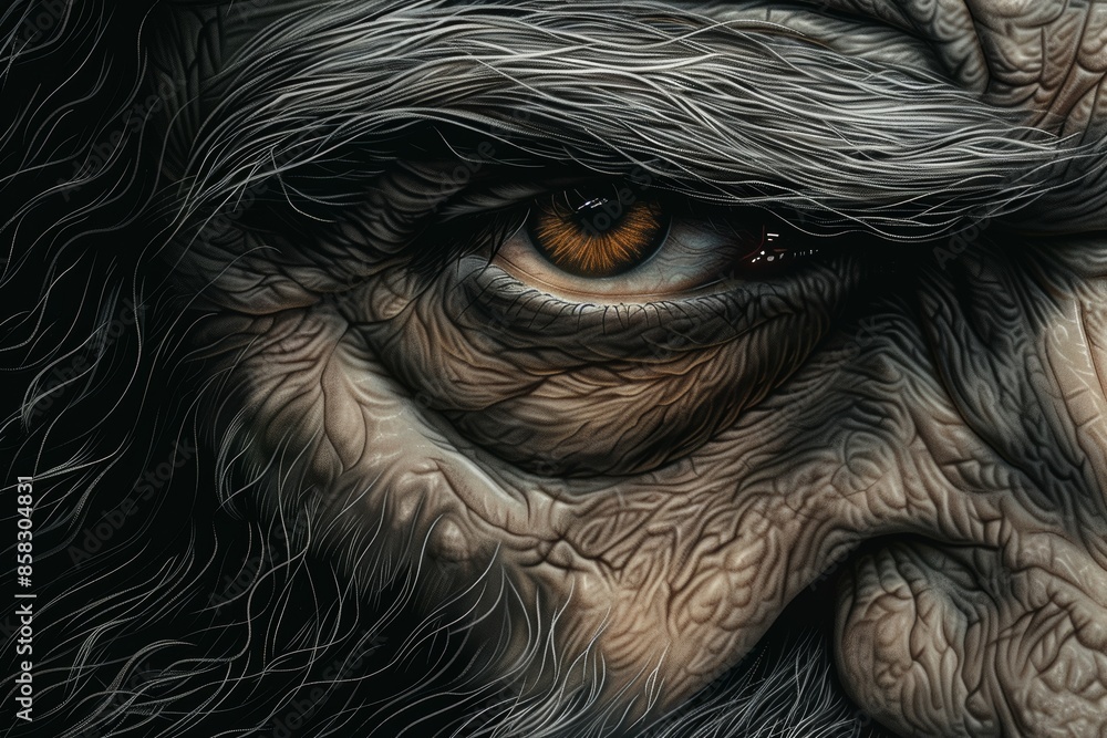 Close-up of a detailed, intense eye surrounded by intricate wrinkles and dark, textured hair, conveying depth, emotion, and mystery. Close-up of a detailed, intense eye surrounded by intricate wrinkles and dark, textured hair, conveying depth, emotion, and mystery.
