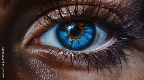 Close-up of a striking blue eye with detailed iris and long eyelashes, highlighting the texture and color contrast.